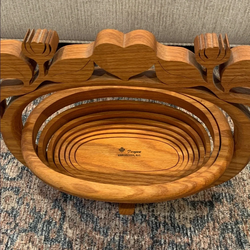 Vintage Hand carved Wooden Folding Basket with Floral Design